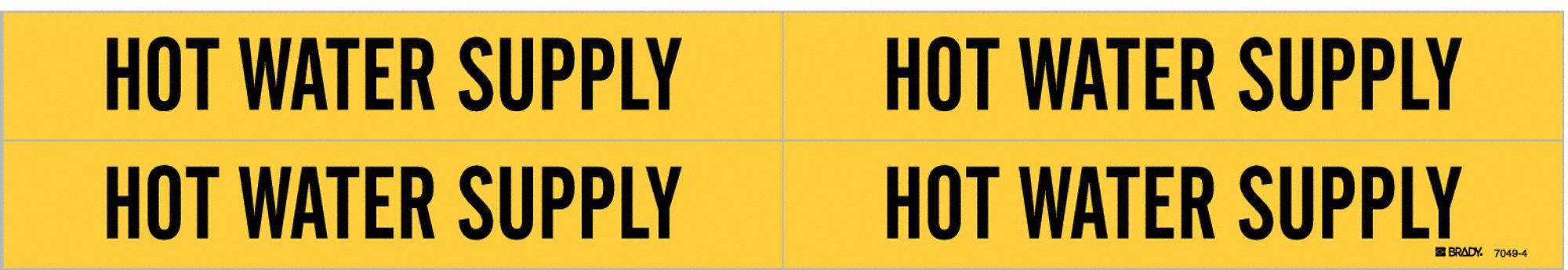 Pipe Marker: Hot Water Supply, Yellow, Black, Fits 3/4 to 2 3/8 in Pipe O.D., 4 Pipe Markers