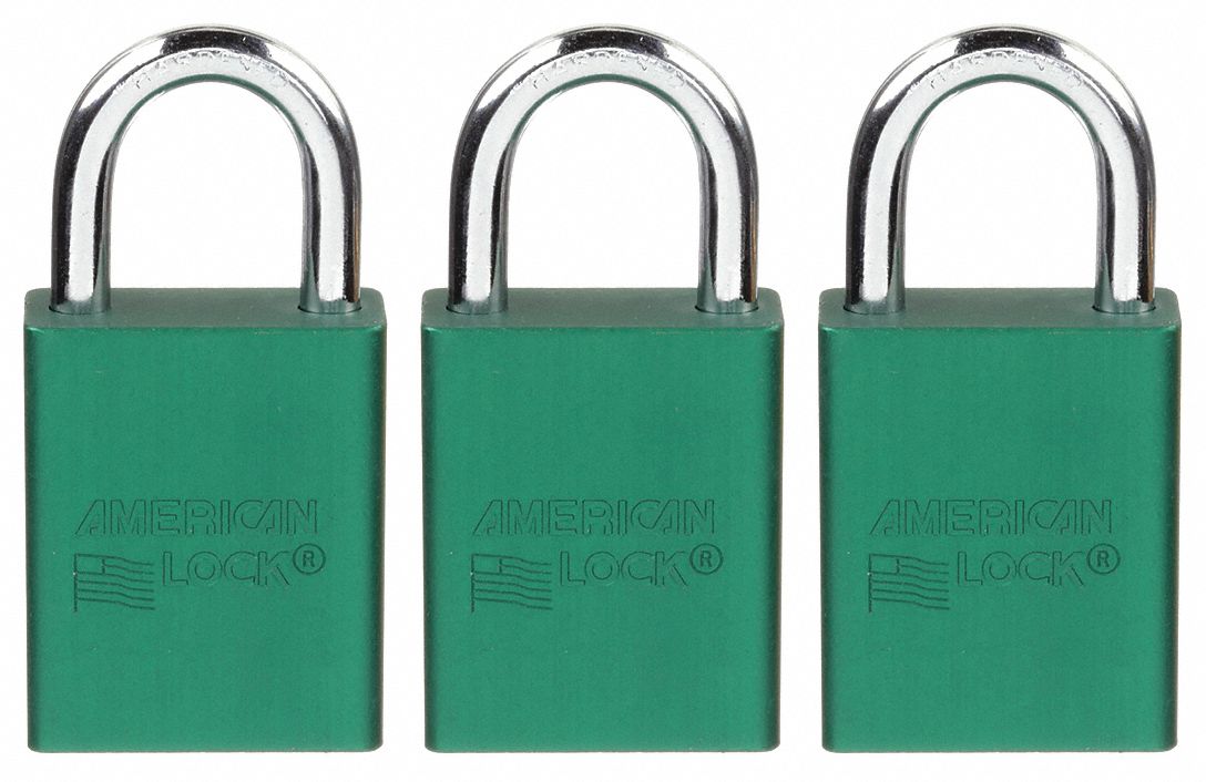LOCKOUT PADLOCK, KEYED ALIKE, ALUMINUM, STANDARD BODY, STEEL, GREEN