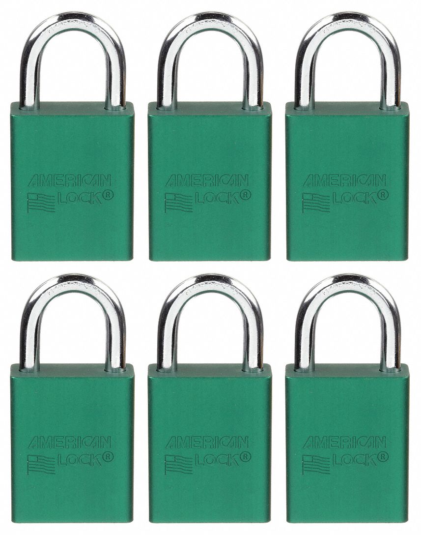 LOCKOUT PADLOCK, KEYED ALIKE, ALUMINUM, STANDARD BODY, STEEL, GREEN, GREEN