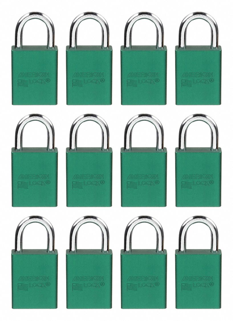 Lockout Padlock: Keyed Alike, Aluminum, Std Body Body Size, Steel, Std, Green, Key