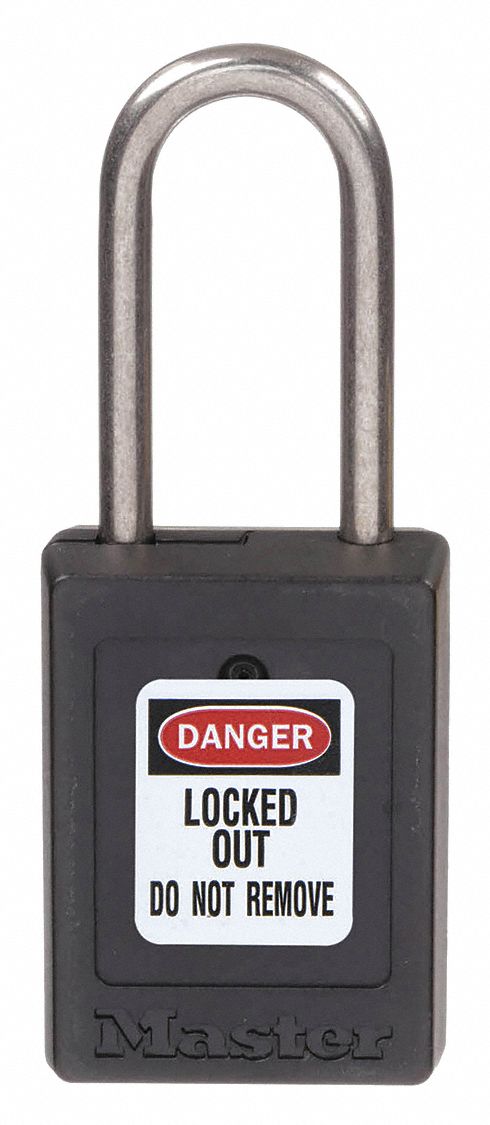 LOCKOUT PADLOCK, KEYED DIFFERENT, THERMOPLASTIC, COMPACT BODY, 1½ IN, STAINLESS STEEL, BLACK