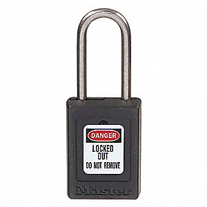 LOCKOUT PADLOCK, KEYED DIFFERENT, THERMOPLASTIC, COMPACT BODY, 1½ IN, STAINLESS STEEL, BLACK