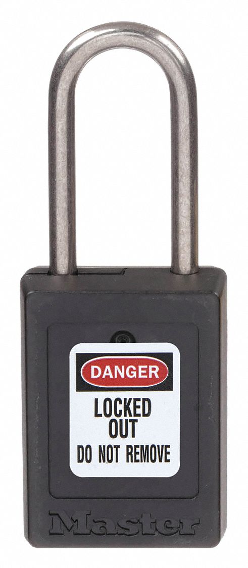 LOCKOUT PADLOCK, KEYED DIFFERENT, THERMOPLASTIC, COMPACT BODY, 1½ IN, STAINLESS STEEL, BLACK