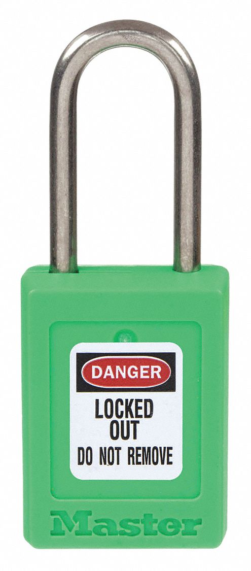 LOCKOUT PADLOCK, KEYED DIFFERENT, THERMOPLASTIC, COMPACT BODY, 1½ IN, STAINLESS STEEL, GREEN