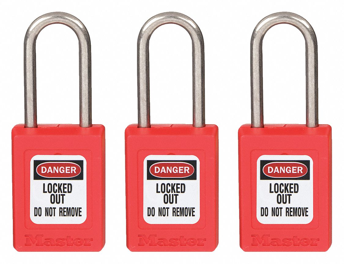 LOCKOUT PADLOCK, KEYED ALIKE, THERMOPLASTIC, COMPACT BODY, STAINLESS STEEL, RED, 3 PK