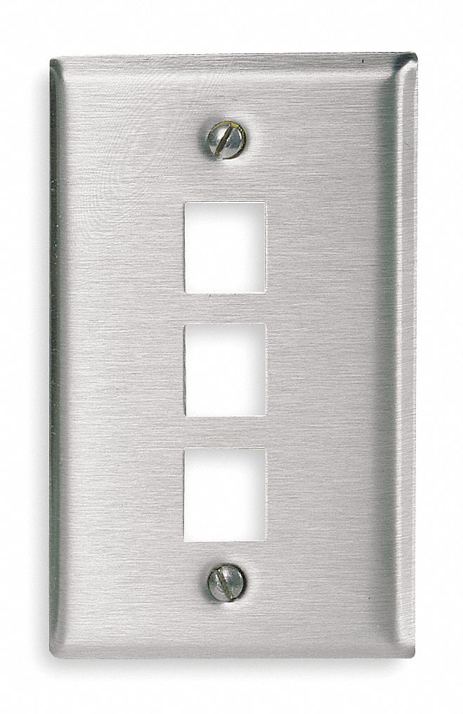 Wall Plate: Silver, 1 Gang, 3 Port, Flat Module, Stainless Steel, Vertical
