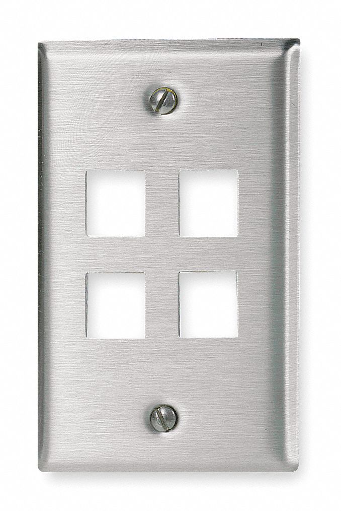 Wall Plate: Silver, 1 Gang, 4 Port, Flat Module, Stainless Steel, Vertical