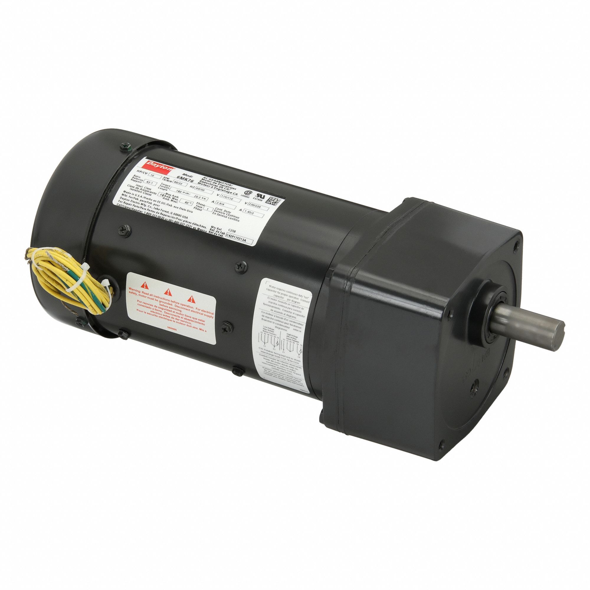 AC Gearmotor: Parallel, Single Output Shaft, PSC, TEFC, 40 RPM, 180 in-lb Max Torque, CW/CCW