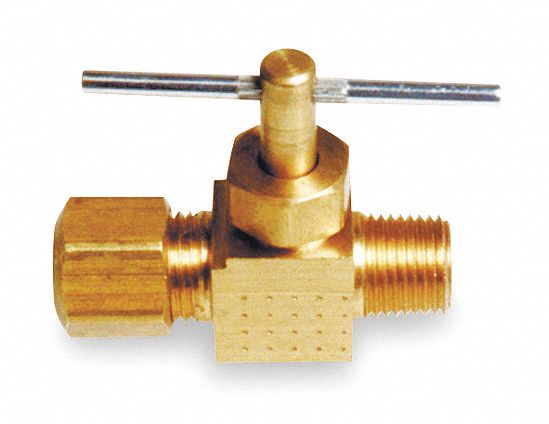 Needle Valve: Inline Valve Body, Brass, 1/4 in Pipe Size, Compression x MNPT, Male