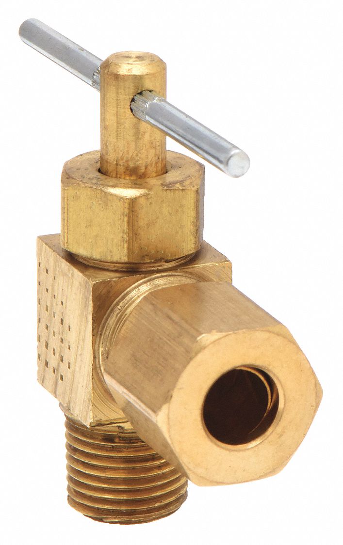 Needle Valve: Angle Valve Body, Brass, 1/4 in Pipe Size, Compression x MNPT, Male