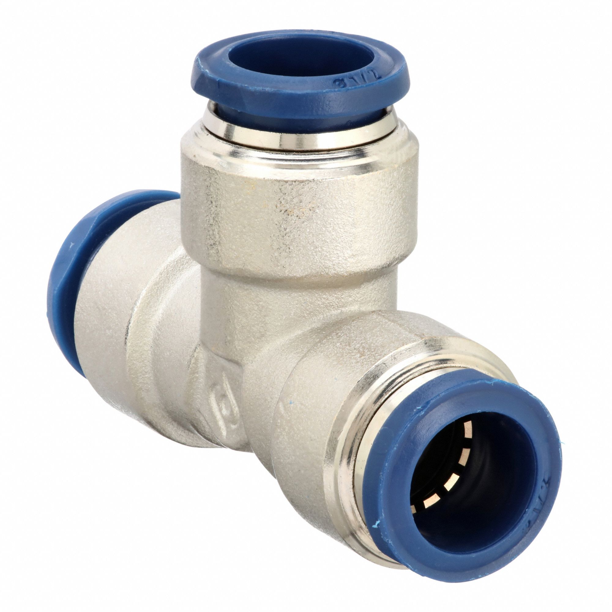 Push-Fit Tee Fitting: 5/16 in OD x 5/16 in OD x 5/16 in OD Size, Brass, Silver, 5 PK