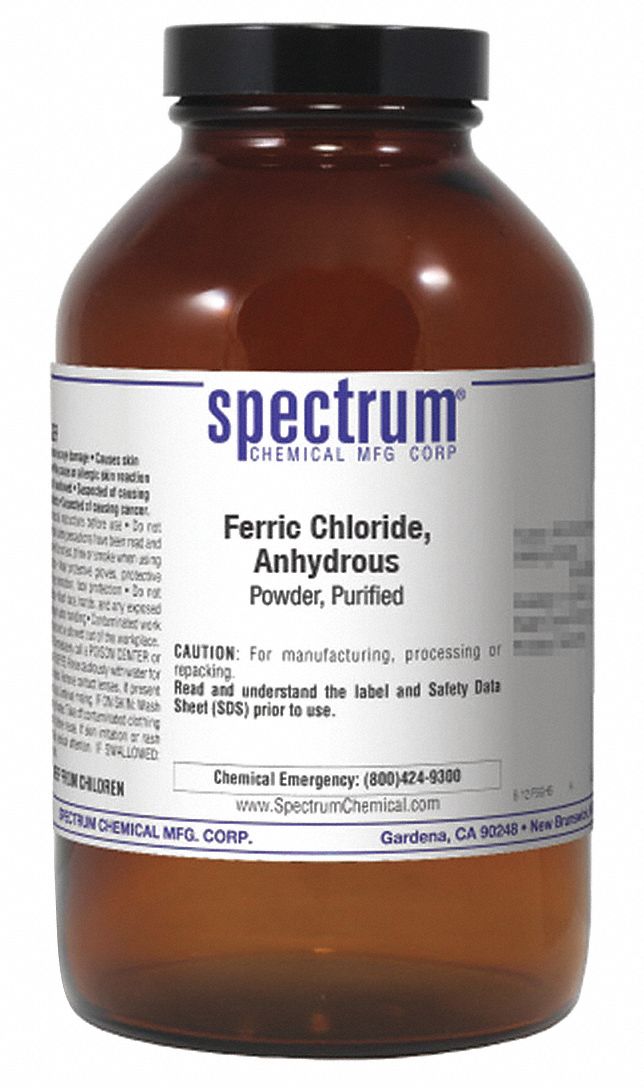 Ferric Chloride - Anhydrous: Lab, 500 g, 7705-08-0, Reagent, Powder, Bottle, Amber Glass, 1
