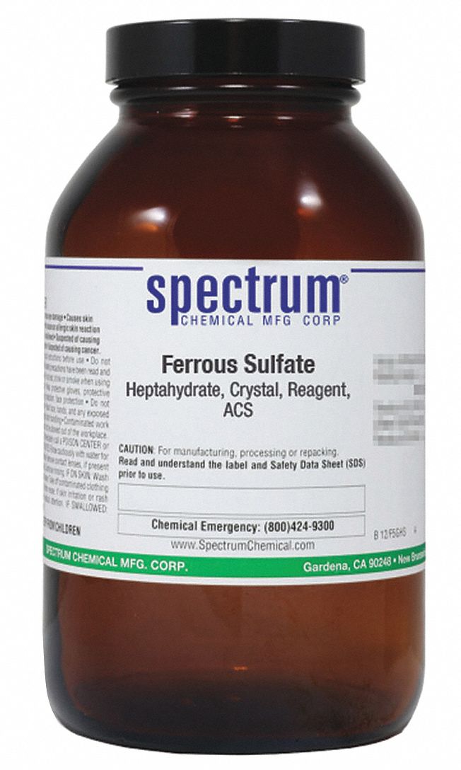 Ferrous Sulfate - Heptahydrate: ACS, 500 g, 7782-63-0, Reagent, Powder, Bottle, Amber Glass, 1
