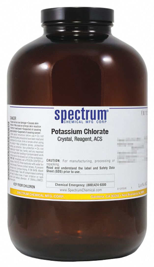 Potassium Chlorate, Crystal, Reagent, ACS: 3811-04-9, 122.55, KClO3, Amber  Glass, Bottle, ACS