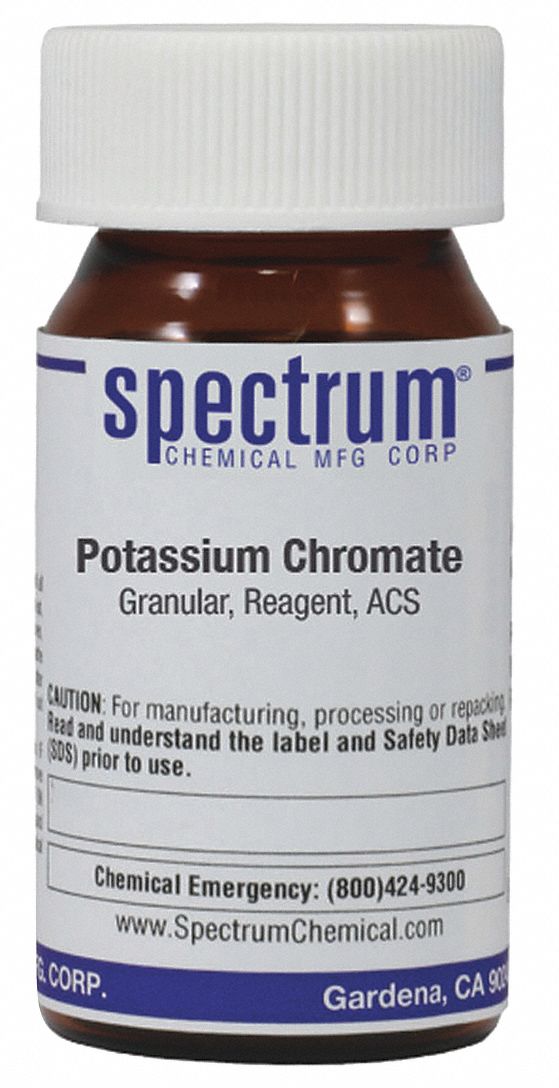 Potassium Chromate: ACS, 25 g, 7789-00-6, Reagent, Powder, Bottle, Amber Glass, 24 mo Shelf Life, 1