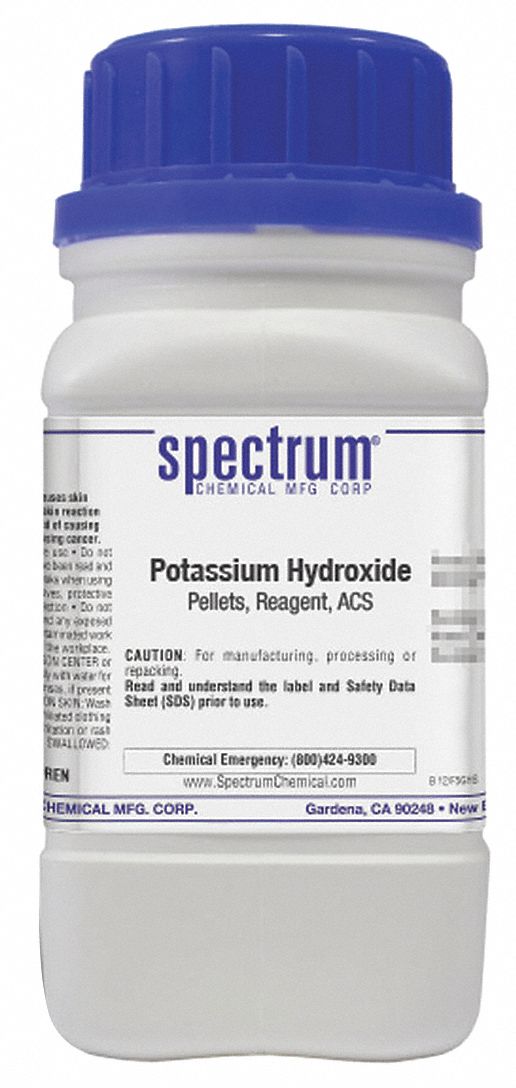 Potassium Hydroxide: ACS, 125 g, 1310-58-3, Inorganic, Pellet, Bottle, Plastic, 12 mo Shelf Life, 1