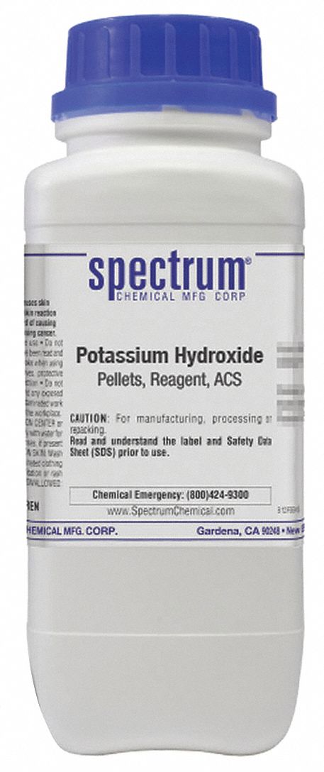 Potassium Hydroxide: ACS, 1 kg, 1310-58-3, Inorganic, Pellet, Bottle, Plastic, 12 mo Shelf Life, 1