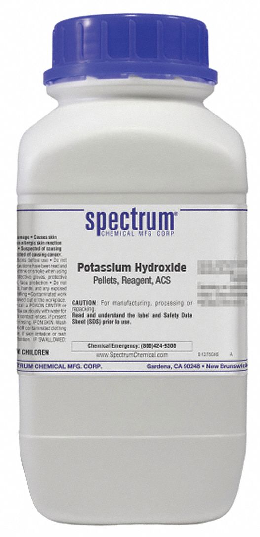 Potassium Hydroxide: ACS, 2.5 kg, 1310-58-3, Inorganic, Pellet, Bottle, Plastic, 12 mo Shelf Life, 1