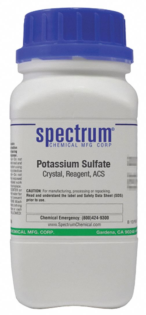 Potassium Sulfate: ACS, 500 g, 7778-80-5, Reagent, Crystal, Bottle, Plastic, 24 mo Shelf Life, 1