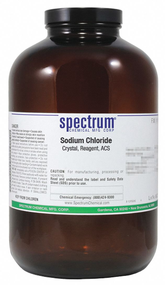 Sodium Chloride: ACS, 2.5 kg, 7647-14-5, Reagent, Powder, Bottle, Glass, 24 mo Shelf Life, 1