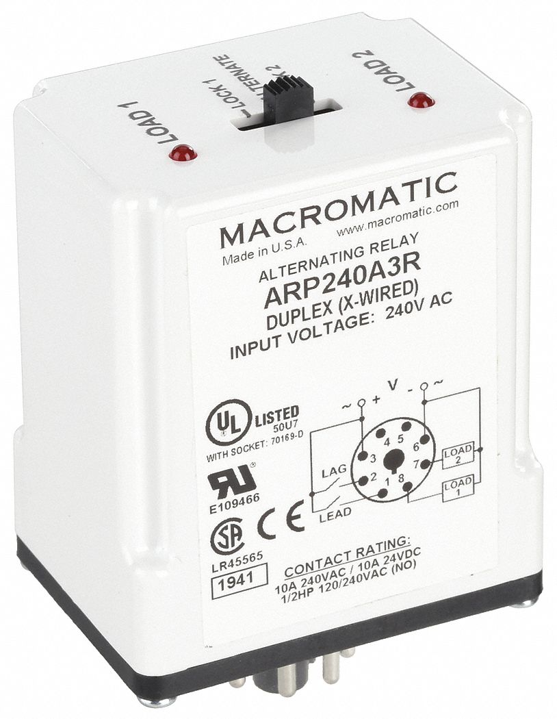 Alternating Relay: Socket Mount, 240V AC, 8 Pin, DPDT