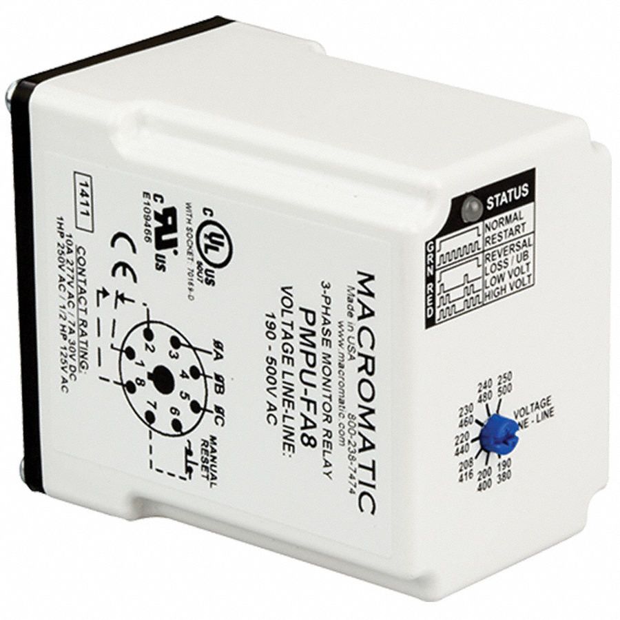 MACROMATIC Phase Monitor Relay, 190 to 500V AC, 10A @ 277V, 7A @ 30V, 8 ...