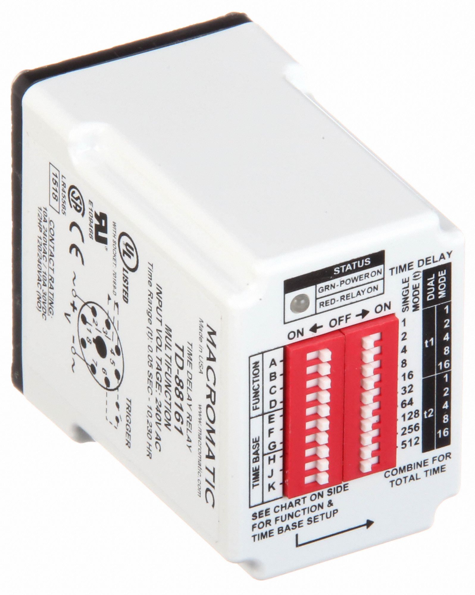 MACROMATIC MultiFunction Time Delay Relay 8 Pins Relay, Dip Switch, 240V AC, Socket, Plug In