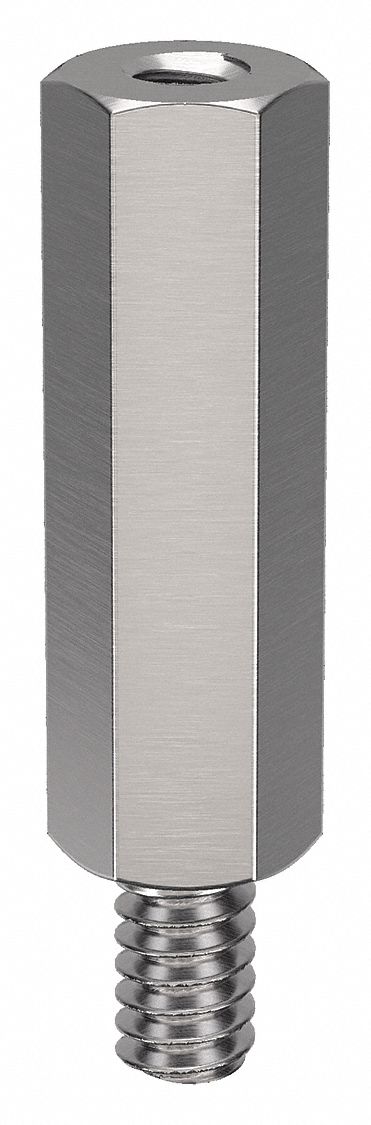 Standoff: Male x Female, #4-40 Thread Sz, 1 1/4 in Lg, Hex, Stainless Steel, Plain, 10 PK