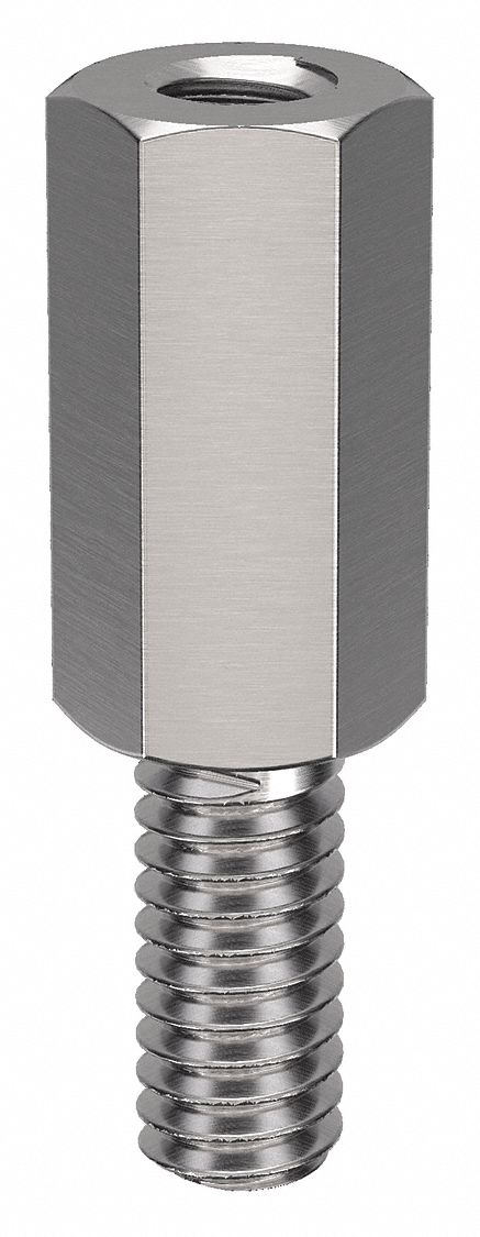 Standoff: Male x Female, #8-32 Thread Sz, 1 in Lg, Hex, Stainless Steel, Plain, 1/4 in Hex Wd, 10 PK