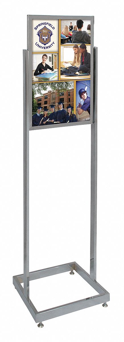 Floor Sign Holder: Aluminum, 58 in Ht, Silver, 22 in Compatible Sheet Ht