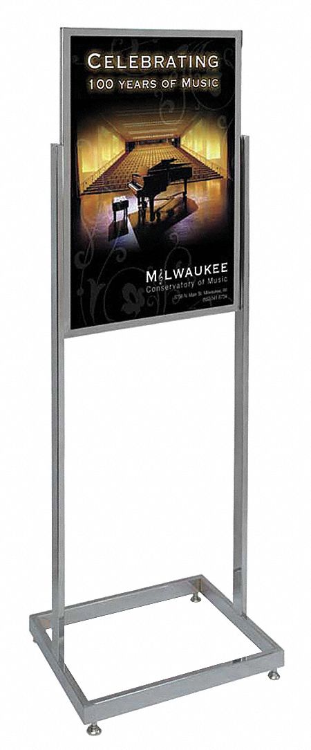 Floor Sign Holder: Aluminum, 58 in Ht, Silver, 28 in Compatible Sheet Ht