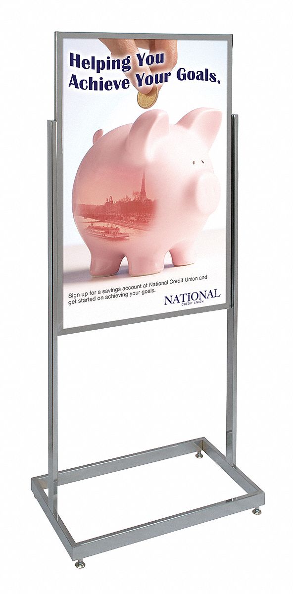 Floor Sign Holder: Aluminum, 58 in Ht, Silver, 36 in Compatible Sheet Ht