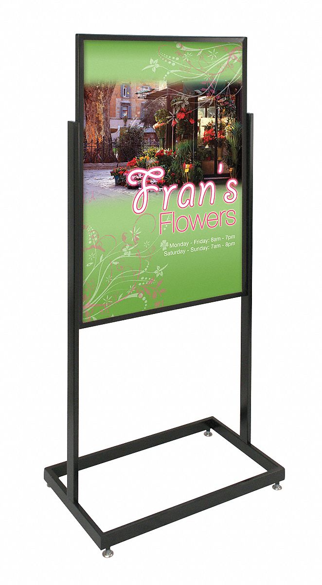 Floor Sign Holder: Aluminum, 58 in Ht, Black, 36 in Compatible Sheet Ht