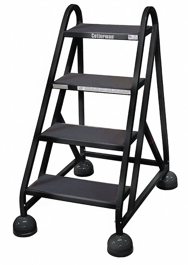 Rolling Ladder: 3 ft Platform Ht, Assembled, Steel, Wt-Actuated Auto-Lock, Ribbed