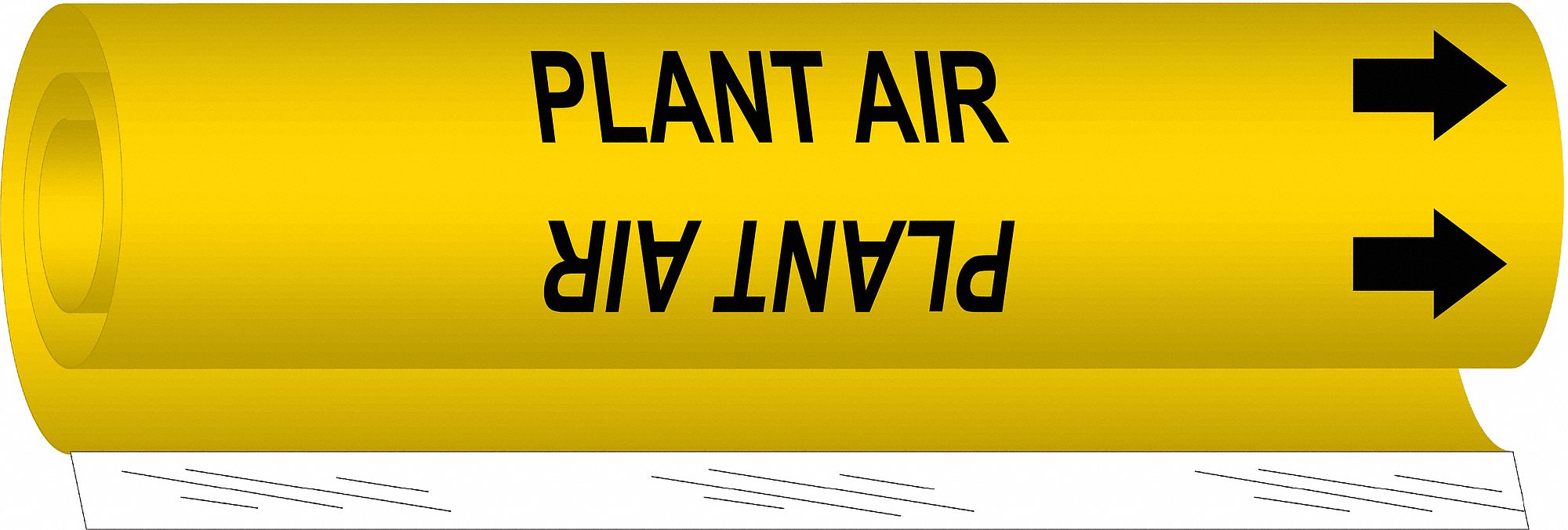 Pipe Marker: Plant Air, Yellow, Black, Fits 1 1/2 to 2 3/8 in Pipe O.D., 1 Pipe Markers, With Arrows