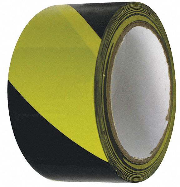 Floor Marking Tape: Gen Purpose, Striped, Black/Yellow, 2 in x 54 ft, 6 mil Tape Thick