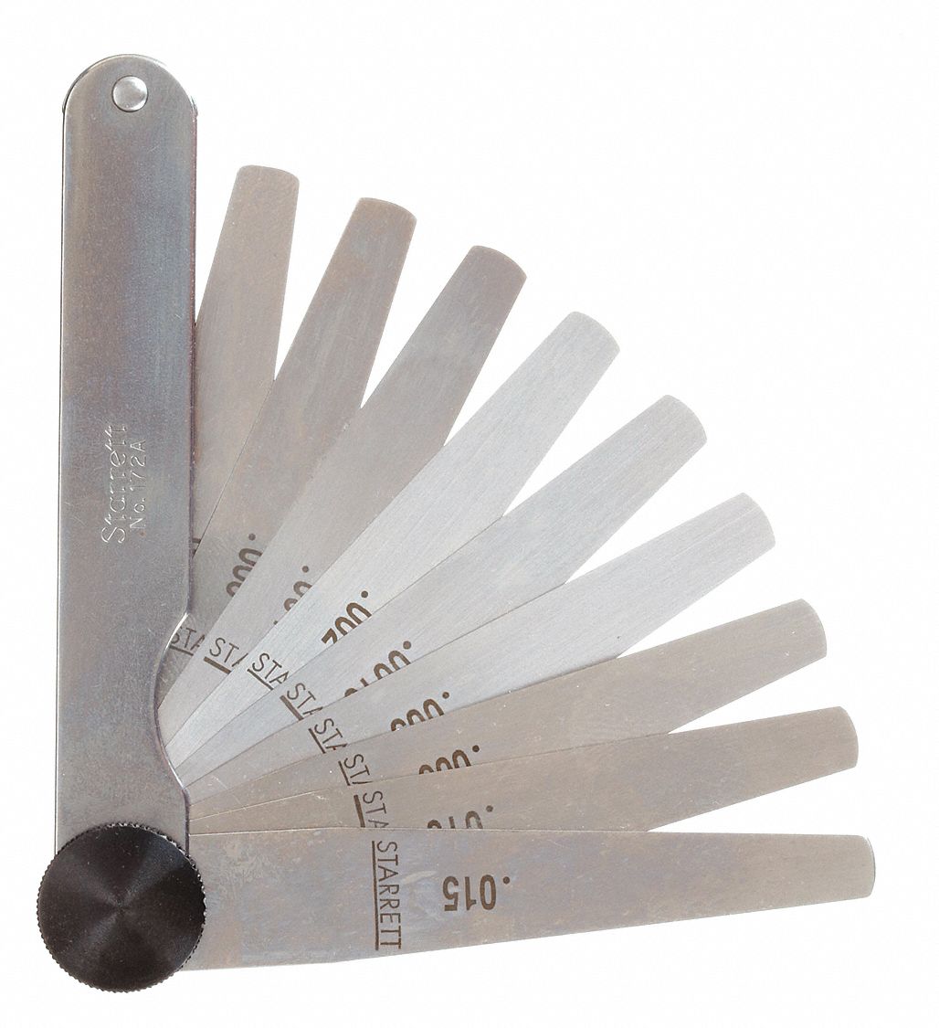 TAPERED FEELER GAUGE SET, INCH, 9 FEELER BLADES, 015 IN TO 0.015 IN THICK RANGE