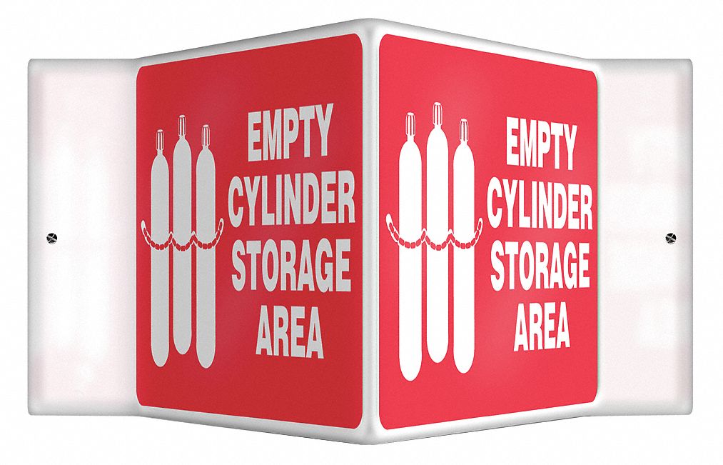 V-SHAPE PROJECTION SIGN, PLASTIC, EMPTY CYLINDER STORAGE AREA, NO HEADER, 6 IN HEIGHT, MOUNTING HOLES, WHITE