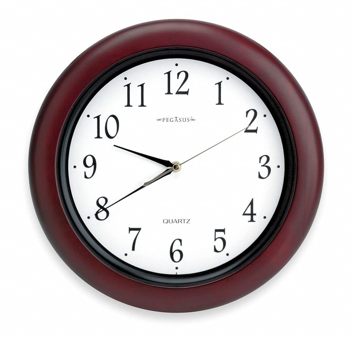 GRAINGER APPROVED 14 in Round Arabic Wall Clock, Burgundy Wood Frame