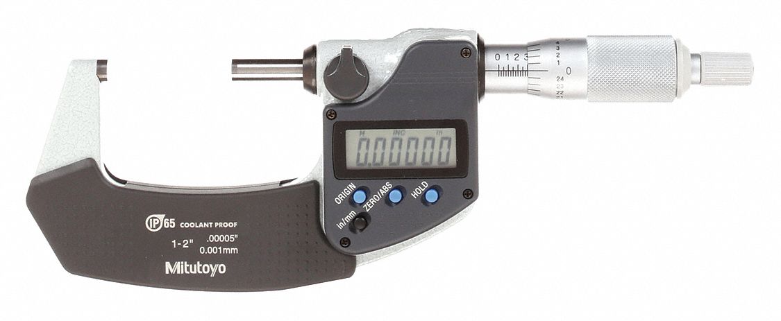 IP65 DIGITAL OUTSIDE MICROMETER, 1 TO 2 IN/25.4 TO 5.8MM RANGE, IP65, INCH/METRIC, LCD