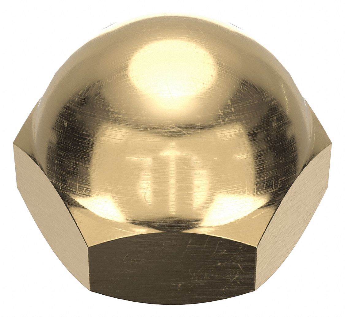 Cap Nut: 3/8"-16 Thread, Plain, C36000, Brass, 0.5 in Ht, 5/8 in Hex Wd, 25 PK