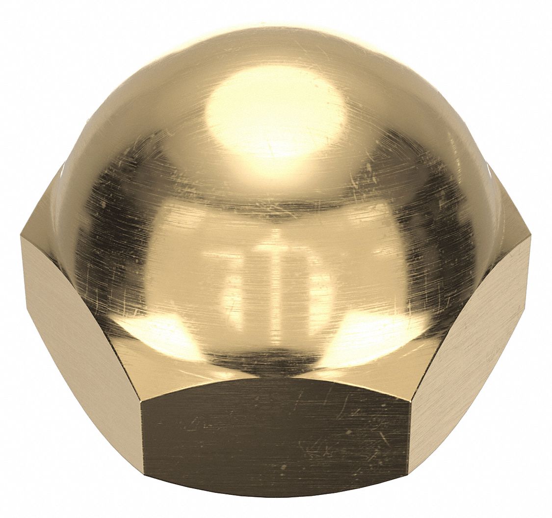 Cap Nut: #10-32 Thread, Plain, C36000, Brass, 0.344 in Ht, 3/8 in Hex Wd, 100 PK