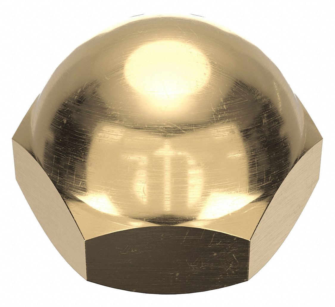 Cap Nut: 1/2"-13 Thread, Plain, C36000, Brass, 0.563 in Ht, 3/4 in Hex Wd, 10 PK