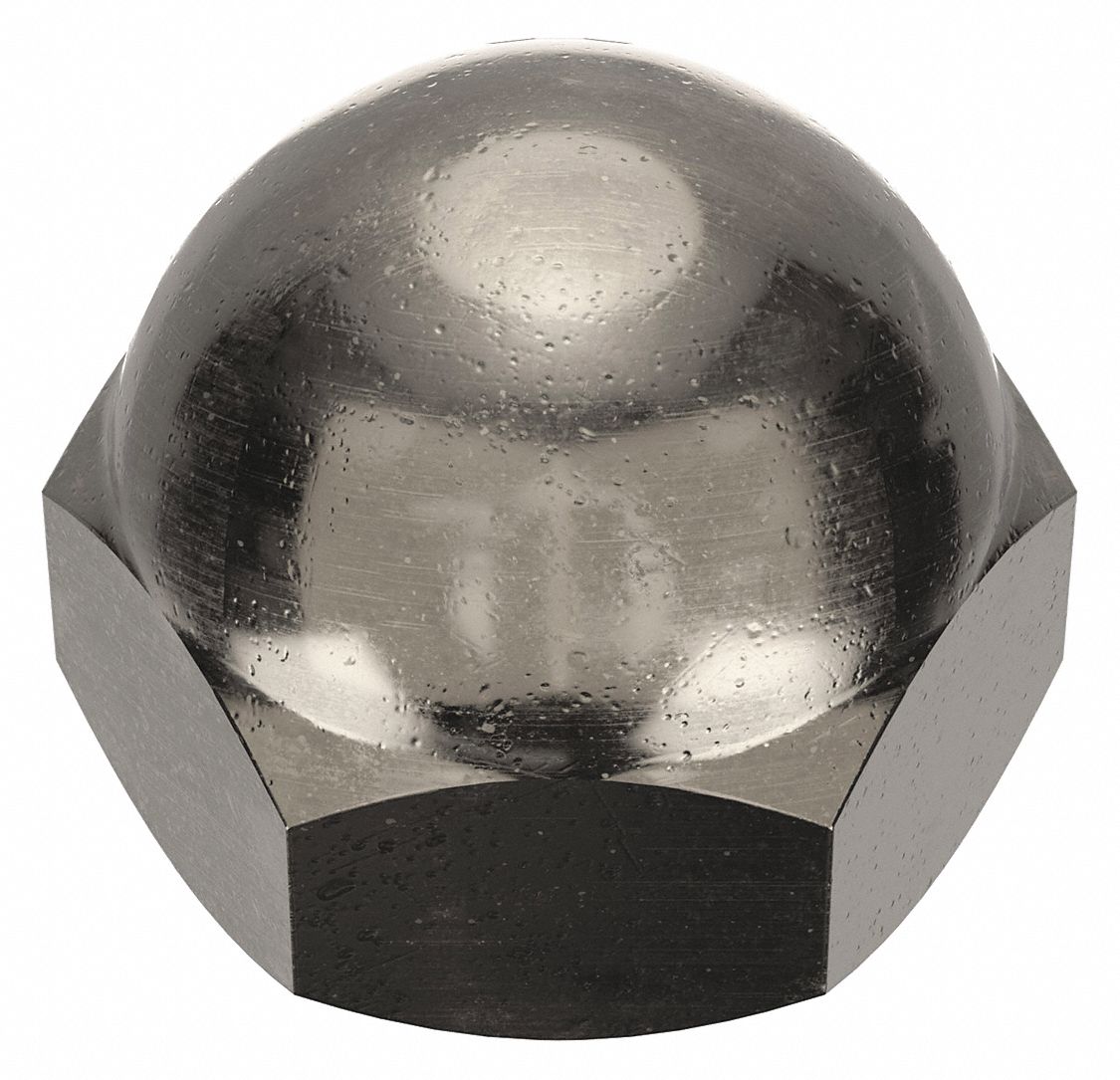 Cap Nut: 1/4"-20 Thread, Nickel-Plated, C36000, Brass, 0.375 in Ht, 7/16 in Hex Wd, 25 PK
