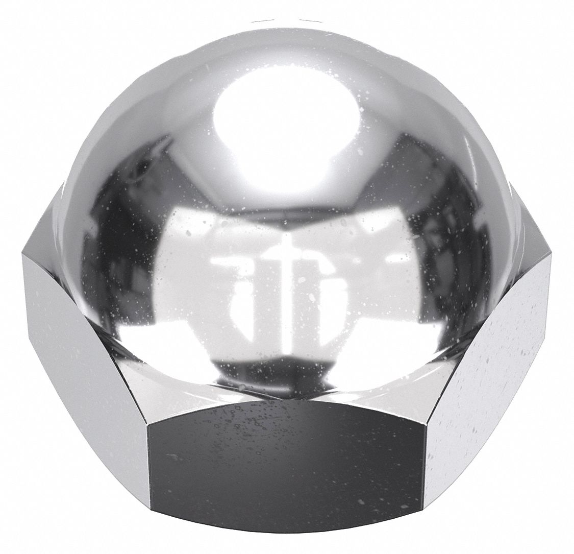 Cap Nut: 1/4"-28 Thread, Chrome-Plated, C36000, Brass, 0.375 in Ht, 7/16 in Hex Wd, 20 PK