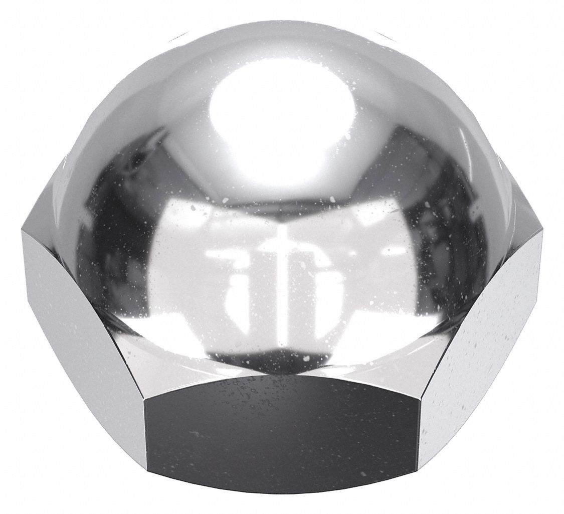 Cap Nut: 5/16"-18 Thread, Chrome-Plated, C36000, Brass, 0.438 in Ht, 9/16 in Hex Wd, 10 PK