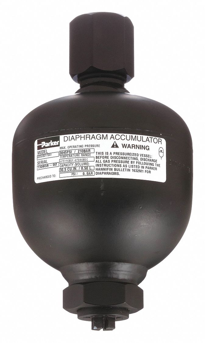 PARKER Diaphragm Accumulator, PreCharged No, 30 cu in Fluid Volume, 30