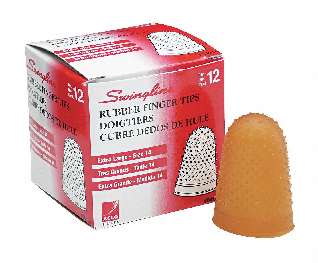 Finger Tips: Size 14 (X-Large), Rubber, Amber, 1 1/4 in Lg, 7/8 in Wd, 1 1/8 in Dp, 12 PK