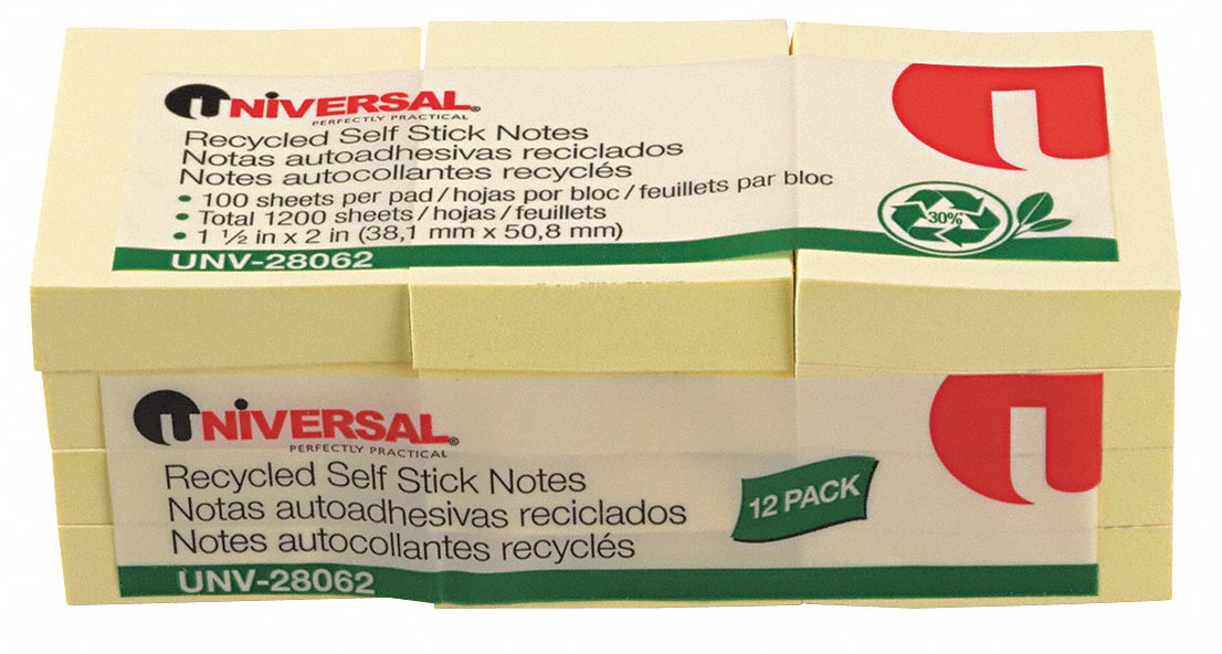 Sticky Notes: Yellow, Std, 100 Sheets per Pad, 12 Pads per Pack, 12 PK