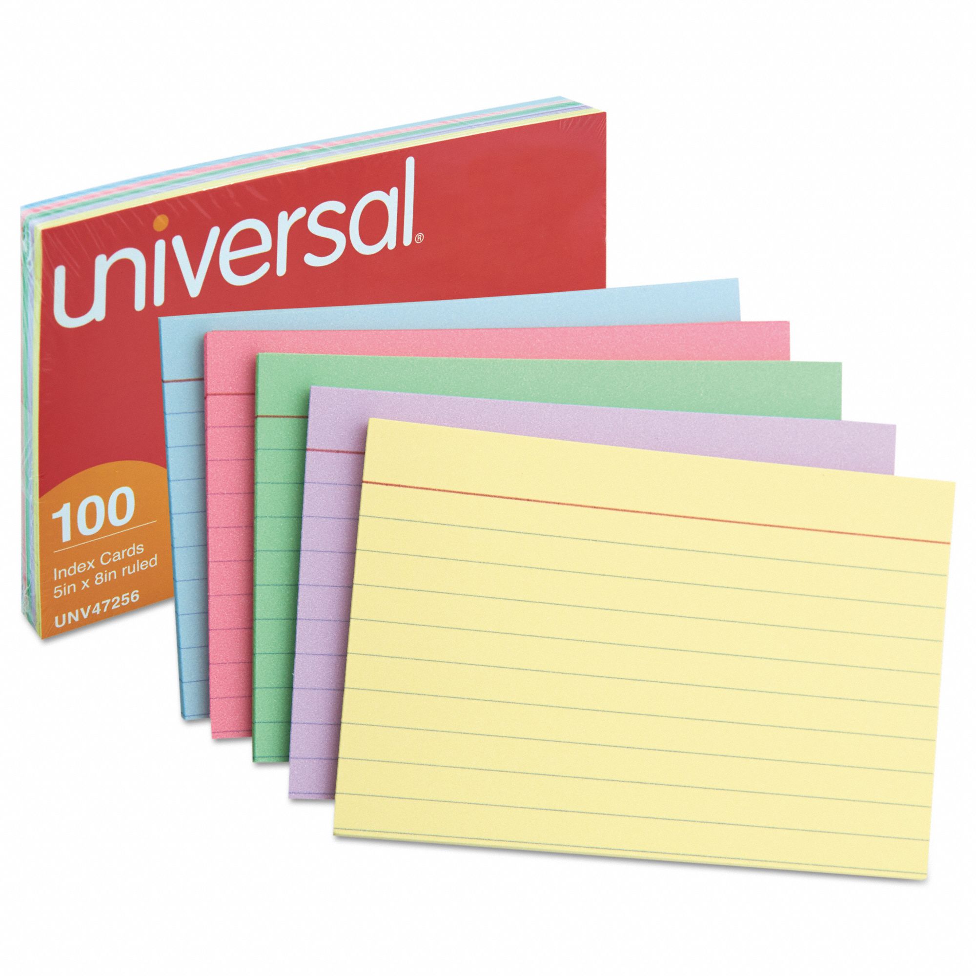 UNIVERSAL Index Cards, Card Size 5 in x 8 in, Color Assorted, Ruled, PK